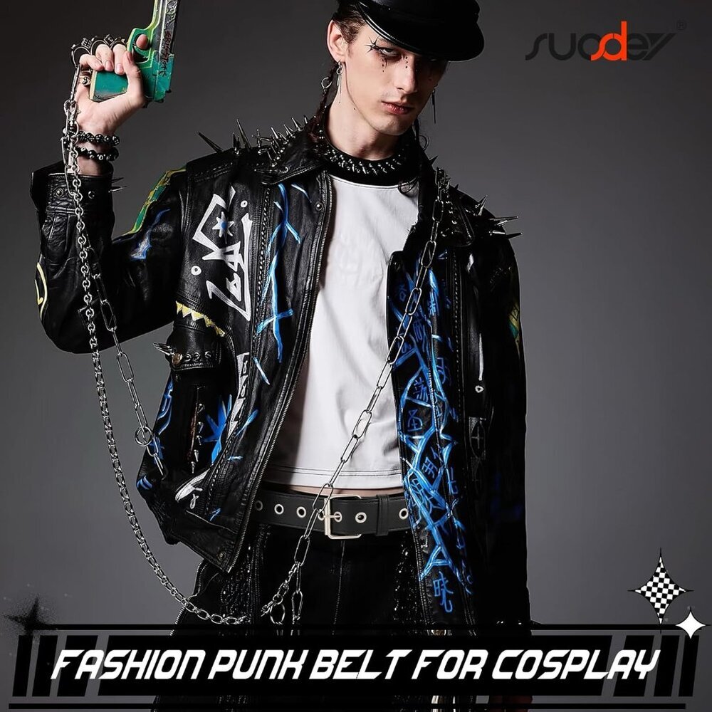 Black Studded Belt Silver Metal Grommet Punk Rock Style for Men Women - Picture 6 of 8